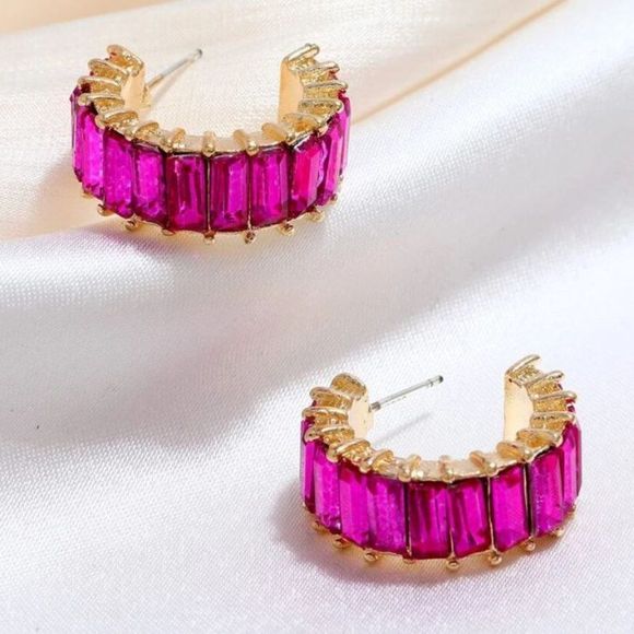 Pretty in Pink Stone Huggie Hoop Earrings - Picture 2 of 3